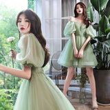 Fashionkova 2022 Green Puff Sleeve V-Neck Short Women Evening Dress High Waist Solid Lace Up Princess Dress Summer New Birthday Party Prom Gowns