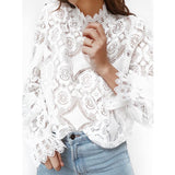 Fashionkova  Women Lace Blouse Elegant Formal Embroidery Long Sleeve White Shirts Office Lady Flower Hollow Fashion Female Chemise Clothing