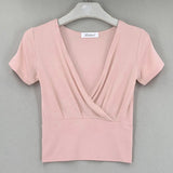 Fashionkova  Cropped T Shirt Women Cotton Sexy V-Neck Thin Tee Shirt Elastic Short Sleeve 2022 Summer Womens Clothing T Shirts Poleras Mujer