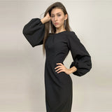 Fashionkova Sexy Slit O-Neck Backless Midi Dress Autumn Lantern Sleeve Fashion Tight Elegant Night Club Party Dresses For Women