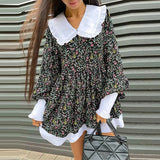 Fashionkova   Sweet Women Printing Dress Peter pan Collar Lantern Sleeve Patchwork Mini Dress Loose Waist 2023 New Fashion