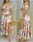 Fashionkova  2023 Summer Fashion Holiday Floral Print O Neck Crop Top Shirr +Slit High Waist Women Maxi Skirt Sets