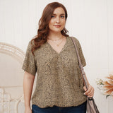 Fashionkova   Leopard Summer Womens Tops And Blouses Casual V Neck Loose Half Sleeve Female Tunic Cotton Plus Size Women Clothing