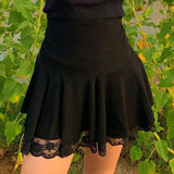 Fashionkova  Black Goth Y2K Pleated Skirt Woman Punk Style Dark Academia Aesthetic Vintage Mini Skirts Lace Edge High Waist Saias