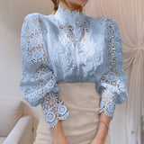 Fashionkova  Elegant Embroidery Petal Sleeve Hollow Out Women Lace Blouse Flower Lace Patchwork Stand Collar Shirt Femme Autumn Blusas Tunic