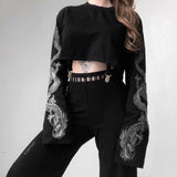 Fashionkova  Gothic Punk Cool Girl Dragon Pattern T Shirts Long Sleeve Suspenders Women T-Shirt Crew Neck Black Crop Top Autumn Pullover