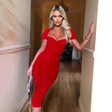 Fashionkova  Double Layer Mesh Ruched Midi Dress Women 2022 Summer Short Puff Sleeve Backless Sexy V Neck Bodycon Club Party Dresses