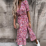 Fashionkova  2022 Floral Print Dress Women Summer Sexy Button V-Neck Split Long Dress Elegant Elastic Waist Short Sleeve Colorful Slim Dress