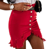 Fashionkova  2022 Summer Women Casual High Waiste Short Mini Button Short Skirt Black White Red Sexy High Slit Irregular Tassel Denim Skirt