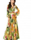 Fashionkova  Bohemian Printing Long Dress V-Neck Long Sleeve Big Hem Women Autumn Summer Dress Elegant Casual Vestidos