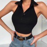 Fashionkova  2022 Summer Turn Down Collar Button Tank Tops Sexy Sleeveless Halter Backless Cropped Women Fashion Black White Vest Clothes