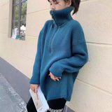 Fashionkova  Pit Stripes Cashmere Sweaters Women Loose Casual Knited Pullovers Ladies 2022 Winter Zipper Turn-Down Collar Thick Jumper