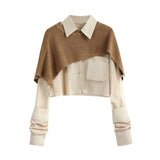 Fashionkova  Autumn Korean Fashion Women Two Pieces Sets Long Sleeve Short Blouse Shirt + Solid Knitted Pullover Crop Shawl Sweater Girl Tops