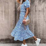 Fashionkova  2022 Floral Print Dress Women Summer Sexy Button V-Neck Split Long Dress Elegant Elastic Waist Short Sleeve Colorful Slim Dress