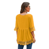 Fashionkova  Summer Chiffon Blouses Tops Cross V Neck Half Sleeves Women Casual Lace Hollow Splice Tunic Pullover Solid Blouse