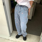 Fashionkova   GJBD Women's Jeans Vintage Heart Shaped Embroidery Streetwear High Waist Wide Leg Pants Baggy Harajuku Straight Denim Trouser