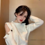 Fashionkova  Women Pullovers Sweater Long Sleeve Off-Shoulder Solid Button O-Neck Females Leisure Chic Trendy Elegant Sexy Sweet Knitted Soft