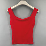 Fashionkova  Ribbed Cotton Crop Top Women Tank Tops Square Collar Elastic Sexy New Summer Tanks Solid Sleeveless Off Shouled Red Slim Clothes