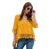 Fashionkova  Summer Chiffon Blouses Tops Cross V Neck Half Sleeves Women Casual Lace Hollow Splice Tunic Pullover Solid Blouse