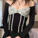 Fashionkova  Full Sleeve Big V Neck Bow Patched Pullovers Y2k  Women Lace Crop Tie Up Top Kawaii T Shirt Fairycore Tees