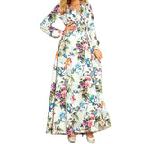 Fashionkova  Women Floral Print Long Dress V Neck Long Sleeves A Line Swing Lace Up Casual Loose Bohemian Autumn Winter Maxi Dresses