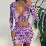 Fashionkova  Print Women's Summer Dress Sets Mesh Long Sleeve Crop Top Mini Skirts Womens 2022 Two Piece Set Women Bodycon High-Waisted Skirt