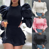 Fashionkova  Women Mesh Puff Long Sheer Sleeve Tops Pullover Blouse Shirts Casual Party Club