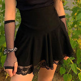 Fashionkova  Black Goth Y2K Pleated Skirt Woman Punk Style Dark Academia Aesthetic Vintage Mini Skirts Lace Edge High Waist Saias