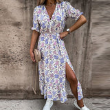 Fashionkova  2022 Floral Print Dress Women Summer Sexy Button V-Neck Split Long Dress Elegant Elastic Waist Short Sleeve Colorful Slim Dress