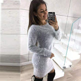Fashionkova  Women Plush Bodycon Dress Round Neck Long Sleeve Gray Casual Autumn Winter Sheath Office Lady Solid Midi Dress Pullovers