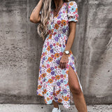 Fashionkova  2022 Floral Print Dress Women Summer Sexy Button V-Neck Split Long Dress Elegant Elastic Waist Short Sleeve Colorful Slim Dress