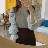 Fashionkova  2022 Spring New Design Women Shirts Fashion Chic Puff Long Sleeve Blouse Vintage Hong Kong Style O Neck Femme Blusas 13549
