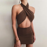 Fashionkova 90S Bandage Bodycon Halter Neck Backless Mini Sexy Solid Sleeveless Crop Tops Dress Suits 2022 Women Summer Y2k Beach Clubwear