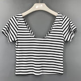 Fashionkova  Striped Crop Top T Shirt Women Short Sleeve Sexy Backless Tshirt Slim Womens Clothes 2022 Summer Tops Cotton Tee Shirt Camisetas