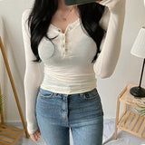Fashionkova  Rivet Button Tshirt Sexy V Neck Women Tee Shirt Spring Korean Clothes Slim Long Sleeve Top Cotton T-Shirts Camisetas De Mujer