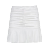 Fashionkova  Summer 2022 Women Sexy Casual Pleated Hem Mini Solid Color Elastic High Waist Folds Short Black/ White/ Pink/ Young Style Skirt