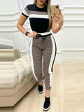 Fashionkova  Plaid Striped Short Sleeve Tape Top & Drawstring Pants Set Casual Basic Women Two Piece Set