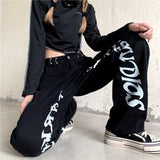 Fashionkova  Black High Waist Women Jeans Vintage Streetwear Letter Printing Baggy Straight Trouser Fashion Autumn Trend Wide Leg Denim Pants