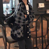 Fashionkova  Korean Style Lazy Wind Knitted Cardigan Sweater Women Autumn Winter Oversize Plaid Jumper Black Long Sleeve Jacket Coat