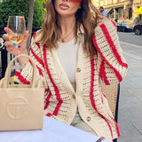 Fashionkova  2022 Autumn Knitted Long Sleeve Cardigan Women Red Stripe Loose V Neck Oversized Sweater Tops Fashion Casual Pullover