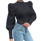 Fashionkova  Women Mesh Puff Long Sheer Sleeve Tops Pullover Blouse Shirts Casual Party Club