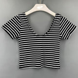 Fashionkova  Striped Crop Top T Shirt Women Short Sleeve Sexy Backless Tshirt Slim Womens Clothes 2022 Summer Tops Cotton Tee Shirt Camisetas