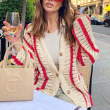Fashionkova  2022 Autumn Knitted Long Sleeve Cardigan Women Red Stripe Loose V Neck Oversized Sweater Tops Fashion Casual Pullover