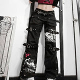 Fashionkova  Y2K Streetwear Punk Style Skull Print Black Buckle Gothic Dark Cargo Pants Harajuku High Waist Aesthetic Straight Denim Trousers