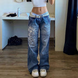 Fashionkova  Women Harajuku Y2k Vintage Jeans Floral Print Aesthetic Baggy Straight Pants Grunge Street Indie Trousers Streetwear