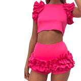 Fashionkova  Summer Cute Women Girls Lace Ruffles Two Piece Bikini Swimsuit Fly Sleeve Padded Tops + Ruffles High Waist Shorts