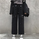 Fashionkova  Emo Korean Fashion Streetwear Y2k Black Cargo Harajuku Hip Hop Wide With Chain Baggy Punk Harem Trousers Elastic Waist Alt Pants