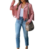 Fashionkova  Faux Suede Tassel Jacket Womens Vintage Lapel Long Sleeve Fringe Cropped Hippie Motor Biker Cardigan Outwears  2022 New