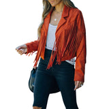 Fashionkova  Faux Suede Tassel Jacket Womens Vintage Lapel Long Sleeve Fringe Cropped Hippie Motor Biker Cardigan Outwears  2022 New