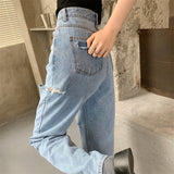 Fashionkova  High Waist Women Ripped Jeans Streetwear Korean Fashion Wide Leg Pants Casual Baggy 2022 Summer Straight Ladies Denim Trouser